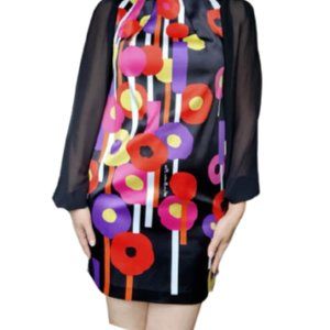 Vintage Short Dress 70s print dress US size S Retro Dress Small Black